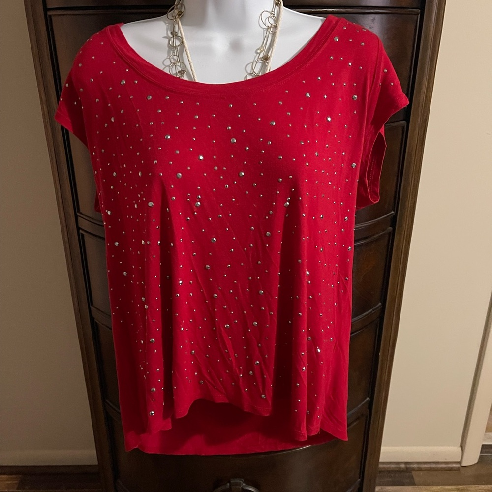 INC International Concepts Red Studded Short Sleeve Top Size L
